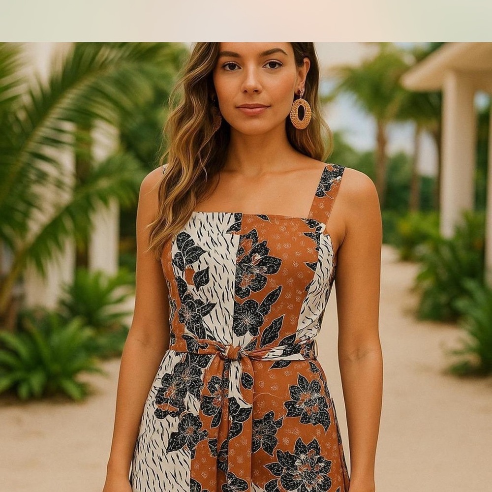 House of Harlow 1960 Floral Patchwork Wide-Leg Jumpsuit - Rust & Cream